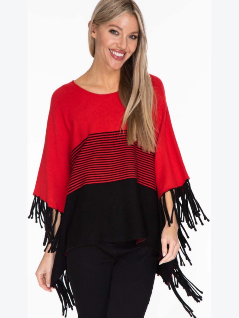 Multiples Scoop Neck Fringe Edge Poncho Sweater